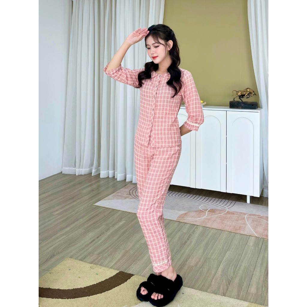Set đồ ngủ Anna cao cấp,Chất liệ thô hàn mềm mịn, nhẹ thoáng họa tiết kẻ trẻ trung, kiểu dáng áo tay lỡ quần dài