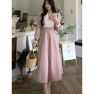 đầm dáng dài cổ xẻ V tay phồng nhẹ màu hồng tiểu thư ( thời trang bigsize vicky.g anitagreen) N1123