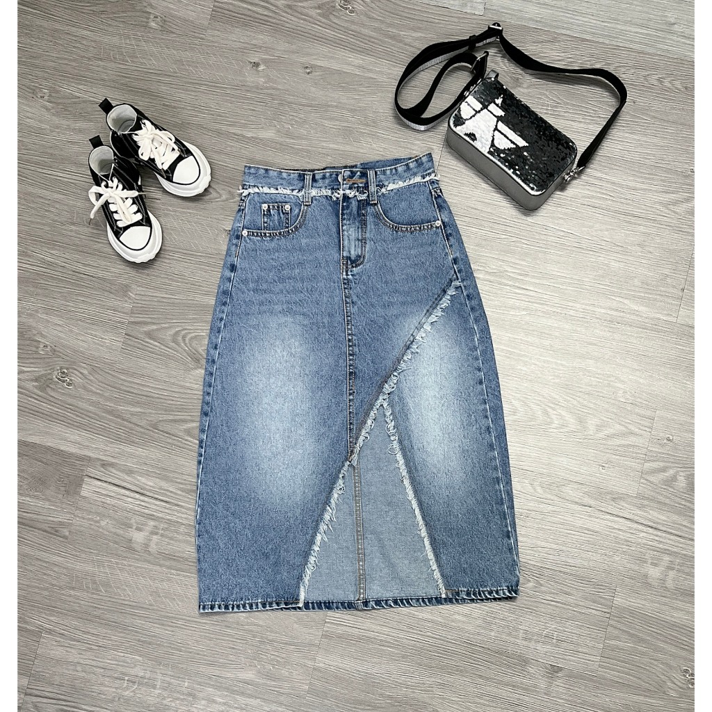 Chân váy jean dài ANH MỸ midi phong cách, chân váy dài tua gấu SP0047
