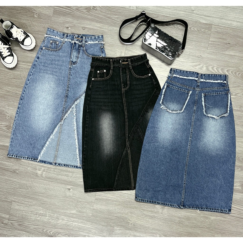 Chân váy jean dài ANH MỸ midi phong cách, chân váy dài tua gấu SP0047