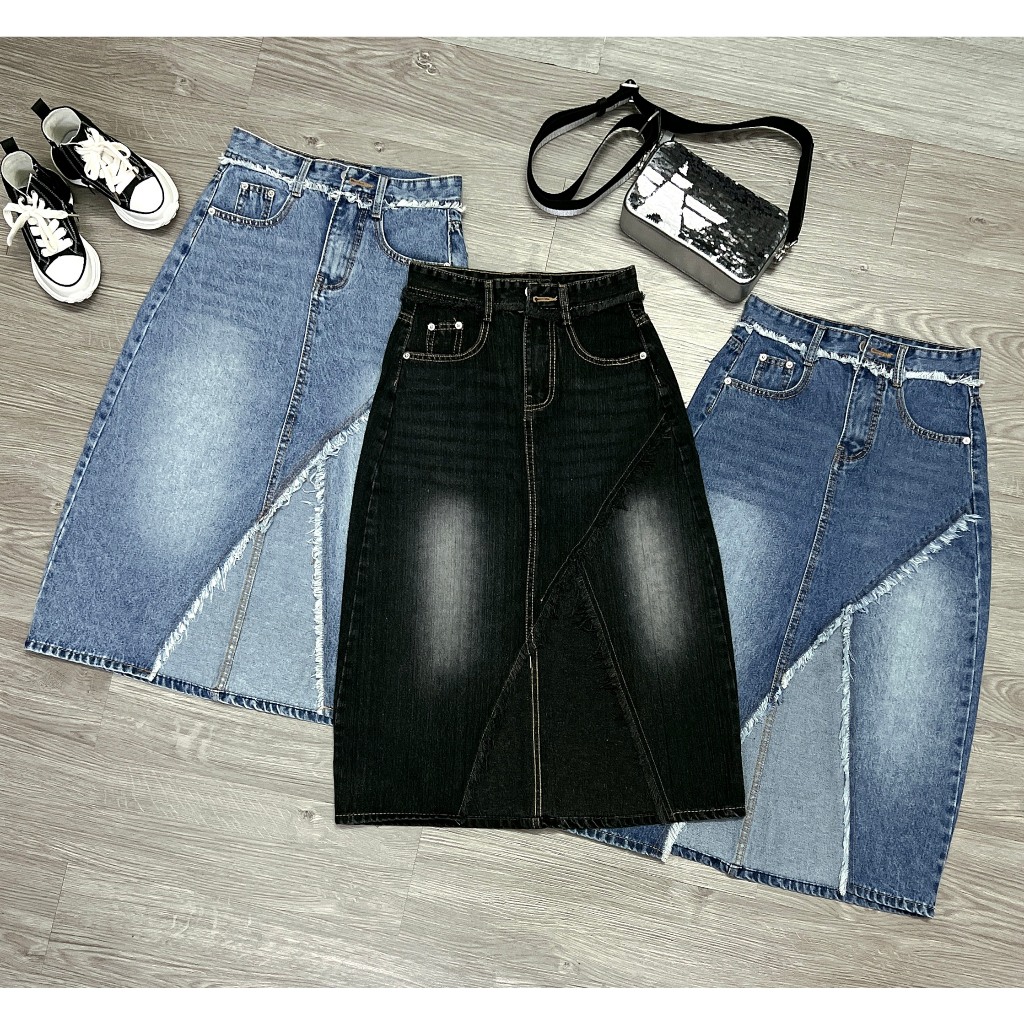 Chân váy jean dài ANH MỸ midi phong cách, chân váy dài tua gấu SP0047