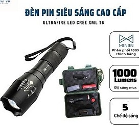 Đèn pin mini siêu sáng, đèn led XML T6 full box hộp kèm pin và sạc vỏ kim loại chắc chắn, chống nước an toàn
