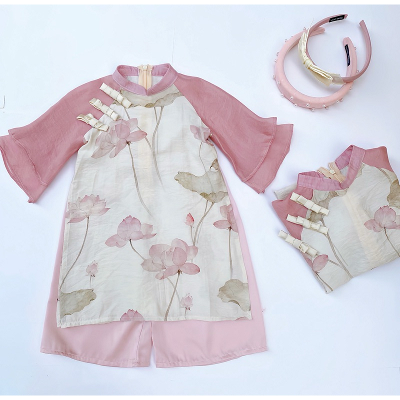 Set áo dài 3 chi tiết gồm áo quần và mấn cho mẹ và bé