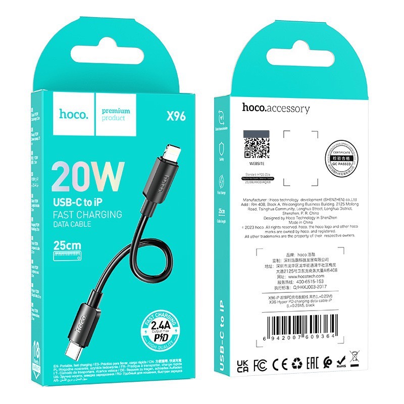 Cáp sạc nhanh 20w Hoco X96 chân Type-C sang lingninh chiều dài 25cm
