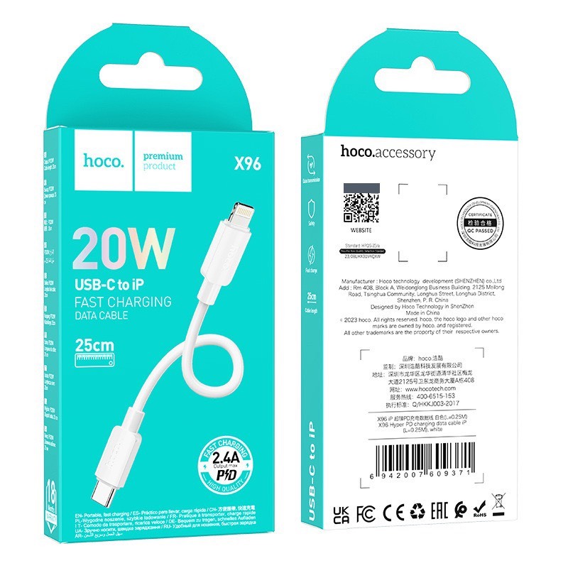 Cáp sạc nhanh 20w Hoco X96 chân Type-C sang lingninh chiều dài 25cm
