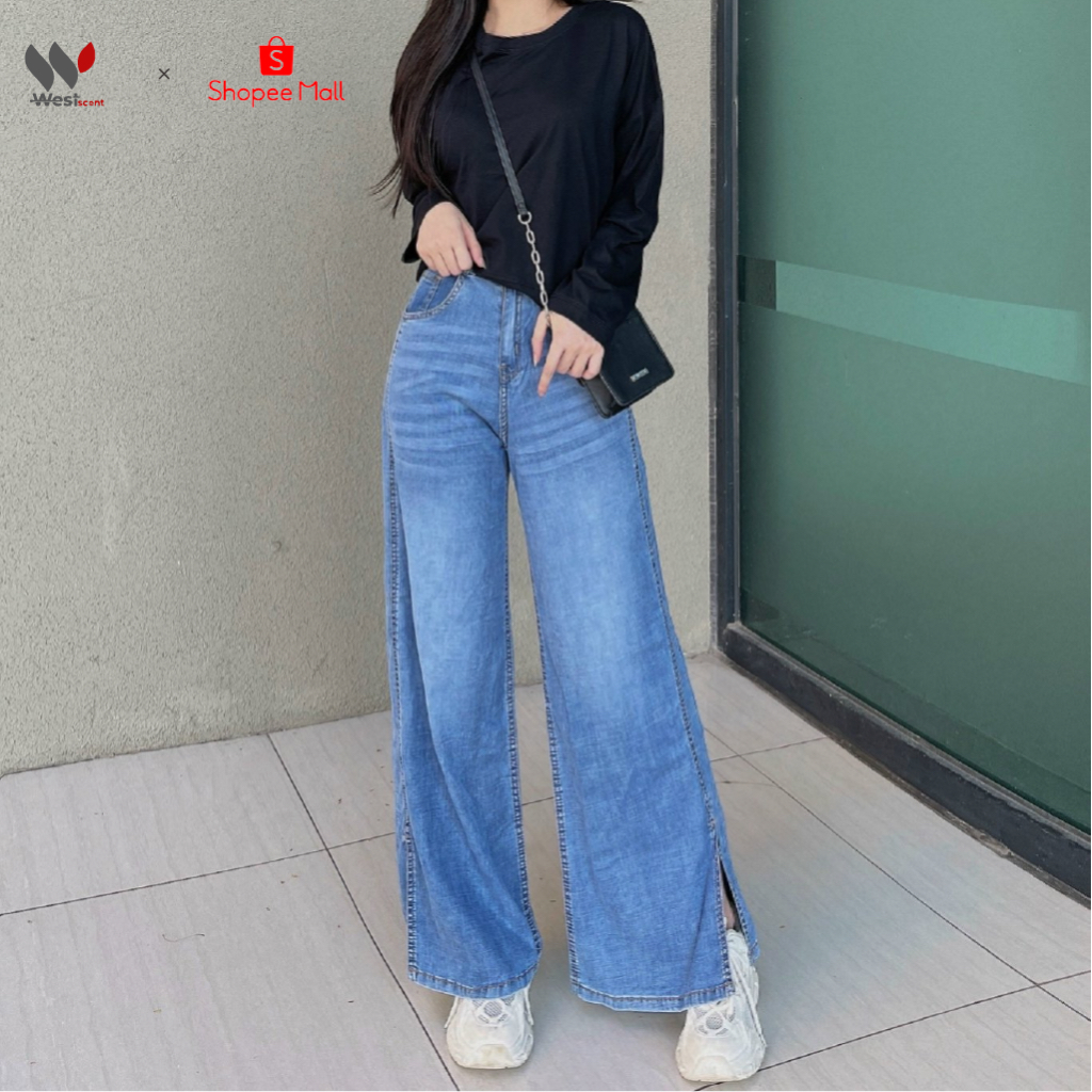 Quần Jeans Nữ Suông, Ống Loe Xẻ Ống Cạp 2 Khuy, Tôn Dáng WEST SCENT.