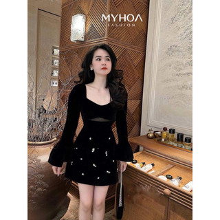 MYHOA| Váy Nhung Nữ Tay Loe Đính Đá Thiết Kế Cao Cấp