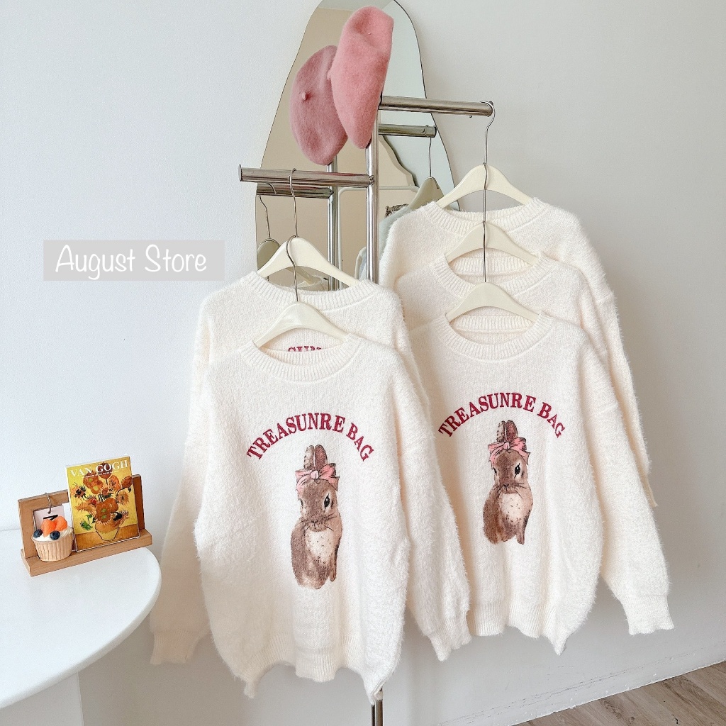 Áo Len Dài Tay Sweater Họa Tiết Thỏ Dáng Rộng Giấu Quần Trùm Mông Freesize