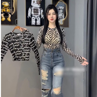 Áo thun lưới nữ dài tay họa tiết Hàng Thiết Kế ôm body freesize dưới 53kg