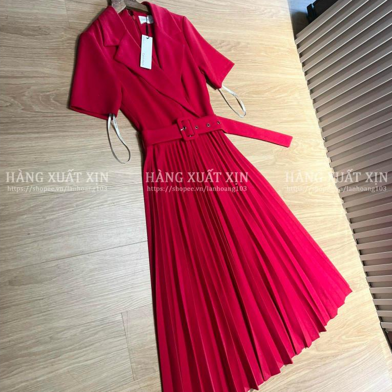 Đầm váy cổ vest CK hàng xuất dư xịn xếp ly kèm đai