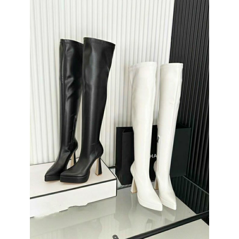 Boots da lì mũi nhọn, gót nhọn loe đế đúp dáng ngắn và dáng đùi trắng đen