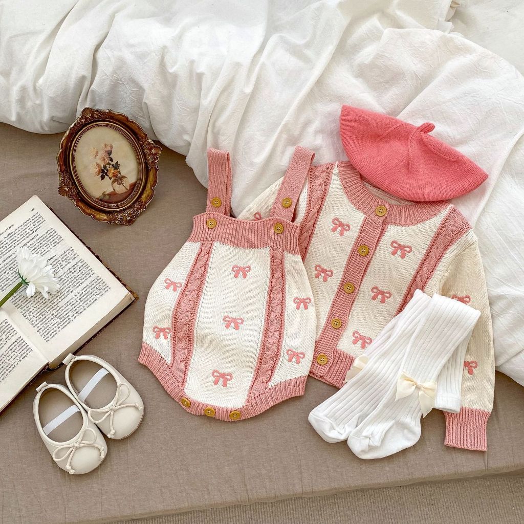 Set len trắng hồng họa tiết nơ cho bé