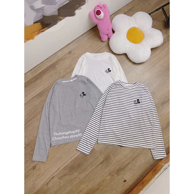 Áo Thun Dài Tay Thu Đông Cổ Tròn Thêu Hình Chuột Mickey, Áo Thun Bozip Gân Co Giãn 3 Màu Xám/Kẻ/Trắng Basic