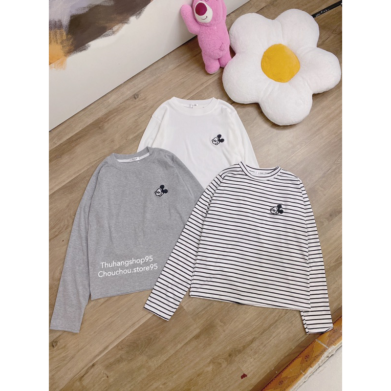 Áo Thun Dài Tay Thu Đông Cổ Tròn Thêu Hình Chuột Mickey, Áo Thun Bozip Gân Co Giãn 3 Màu Xám/Kẻ/Trắng Basic