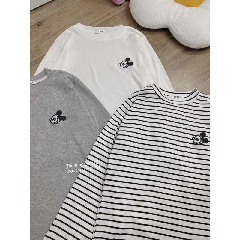 Áo Thun Dài Tay Thu Đông Cổ Tròn Thêu Hình Chuột Mickey, Áo Thun Bozip Gân Co Giãn 3 Màu Xám/Kẻ/Trắng Basic