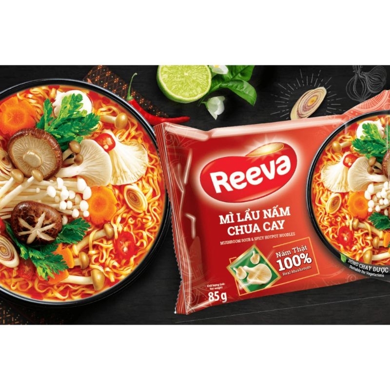MỲ LẨU NẤM CHUA CAY REEVA GÓI 85G CÓ GÓI NẤM