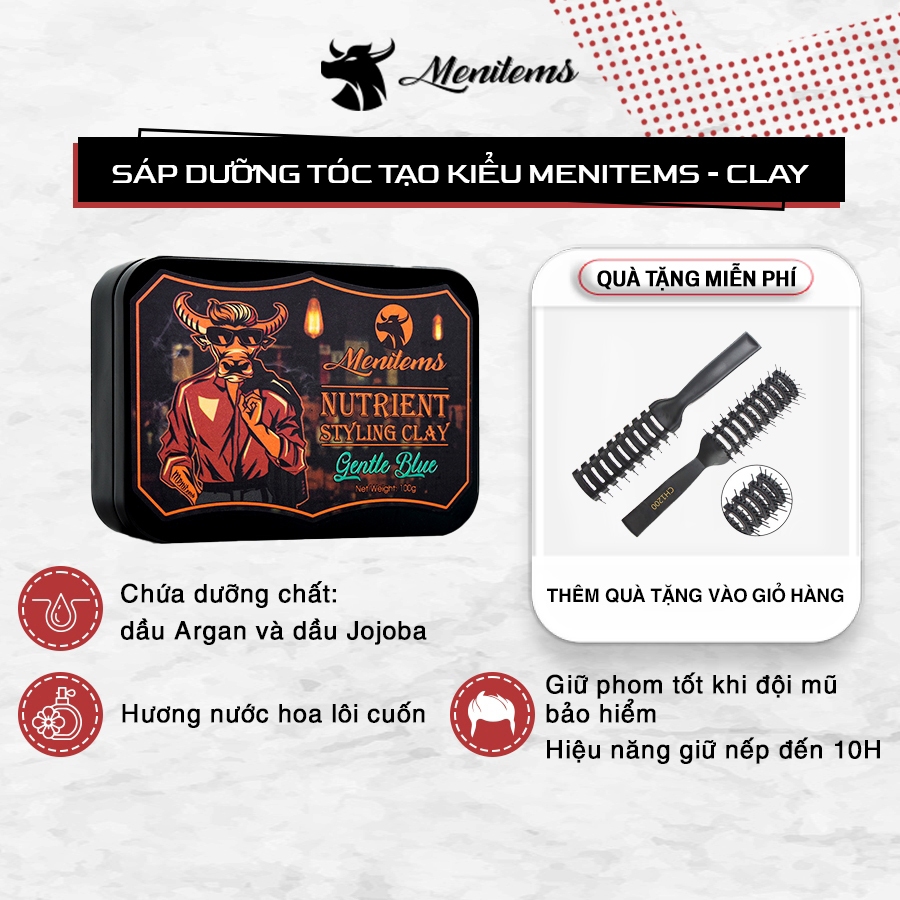 Sáp Vuốt Tóc Nam MENITEMS Gentle Blue Clay 50Gram - Sáp Tạo Kiểu Giữ Nếp, Tự Nhiên Lên Đến Hơn 10H, Hương Thơm Lôi Cuốn