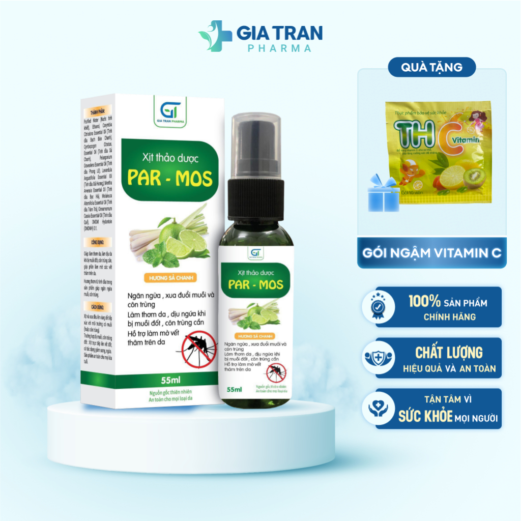 Xịt muỗi thảo dược Par Mos - An toàn cho trẻ nhỏ, xua đuổi muỗi và côn trùng hương xả chanh (Chai 55ml)