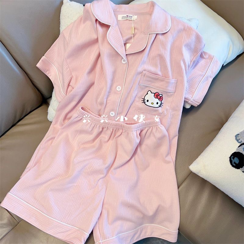 Bộ Đồ Ngủ Ngắn Tay Họa Tiết Mèo kitty Dễ Thương Dành Cho Nữ