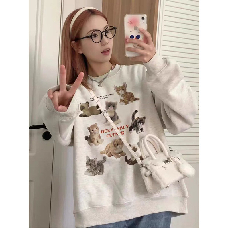 Áo Sweater Nỉ Bông MÈO BEEYANBUY Áo Sweater Nỉ ngoại Form Rộng Nam Nữ Unisex Dáng Oversize Tay Bông Xám Tiêu