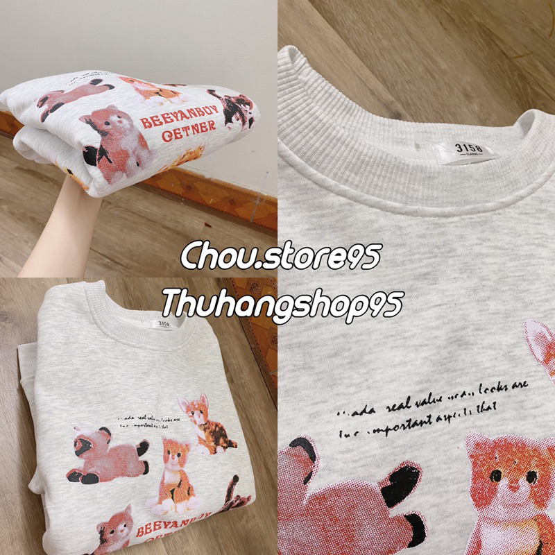 Áo Sweater Nỉ Bông MÈO BEEYANBUY Áo Sweater Nỉ ngoại Form Rộng Nam Nữ Unisex Dáng Oversize Tay Bông Xám Tiêu