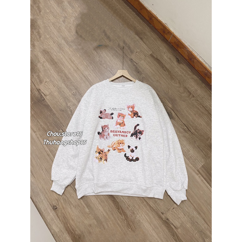 Áo Sweater Nỉ Bông MÈO BEEYANBUY Áo Sweater Nỉ ngoại Form Rộng Nam Nữ Unisex Dáng Oversize Tay Bông Xám Tiêu