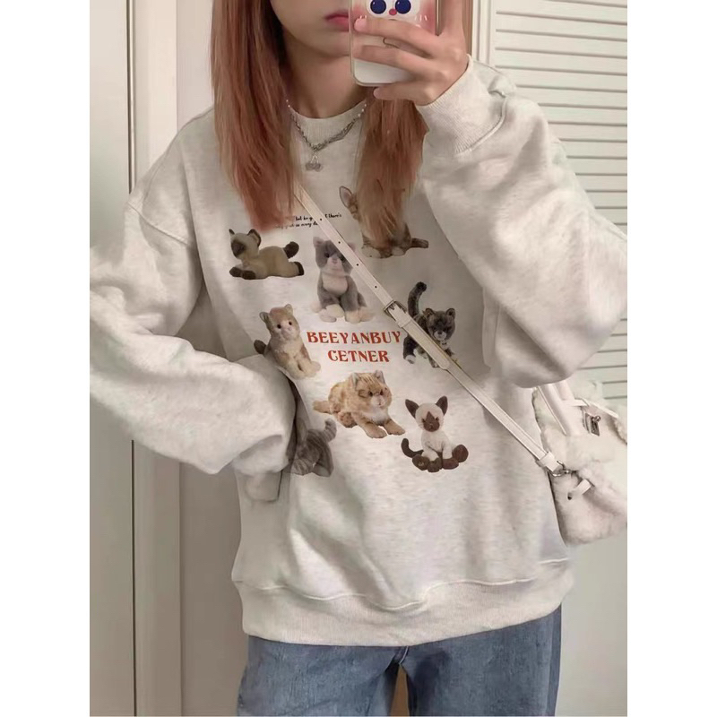 Áo Sweater Nỉ Bông MÈO BEEYANBUY Áo Sweater Nỉ ngoại Form Rộng Nam Nữ Unisex Dáng Oversize Tay Bông Xám Tiêu