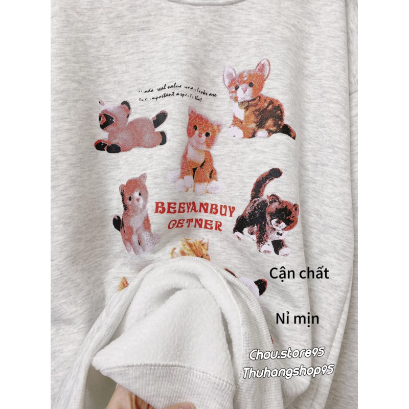 Áo Sweater Nỉ Bông MÈO BEEYANBUY Áo Sweater Nỉ ngoại Form Rộng Nam Nữ Unisex Dáng Oversize Tay Bông Xám Tiêu
