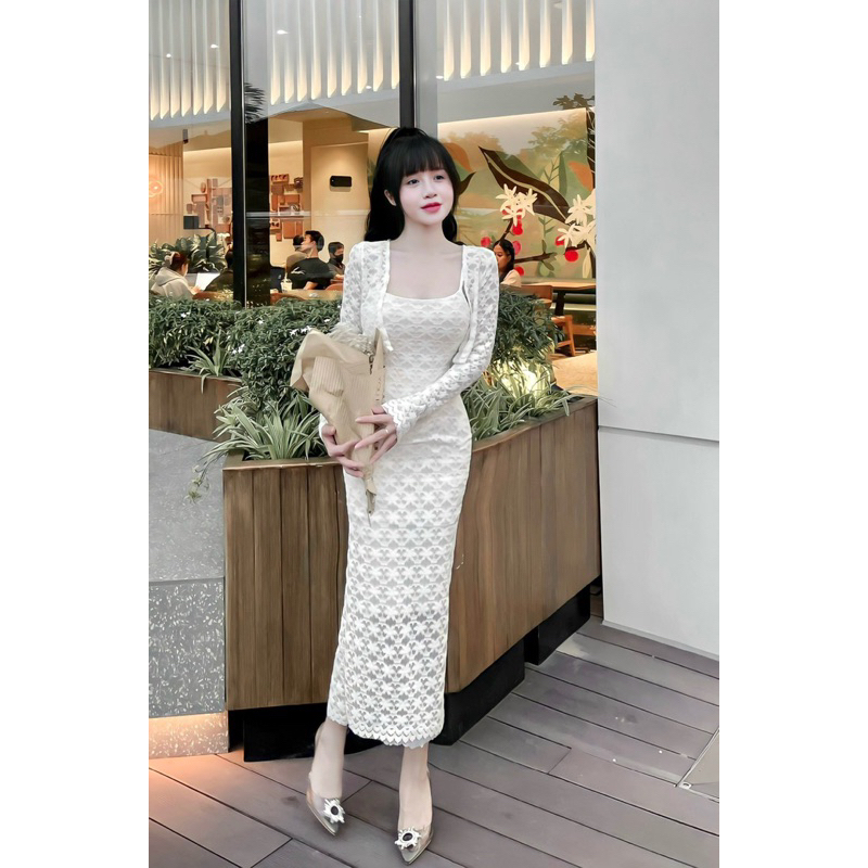 Đầm Body Ren Hoa Dáng Dài Kèm Áo Choàng _Hàng Đẹp_Ảnh thật