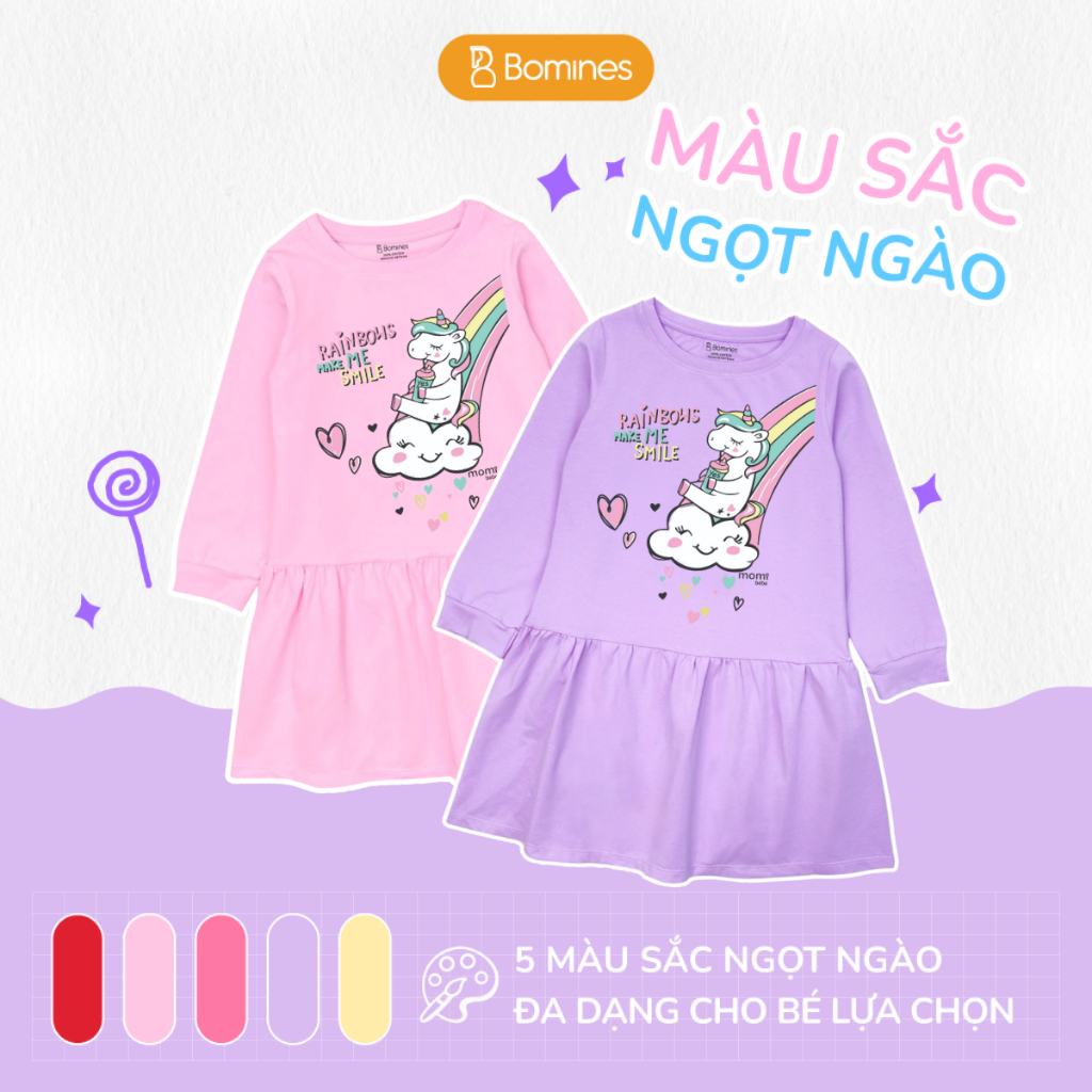 Váy bé gái mùa thu tay dài Kỳ Lân Unicorn Bomines, đầm thun cotton cho bé từ 3- 12 tuổi 12- 36kg DTDUNICORNCAUVONG