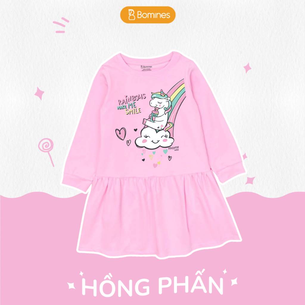 Váy bé gái mùa thu tay dài Kỳ Lân Unicorn Bomines, đầm thun cotton cho bé từ 3- 12 tuổi 12- 36kg DTDUNICORNCAUVONG