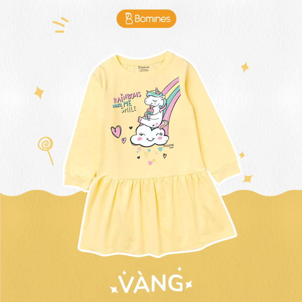 Váy bé gái mùa thu tay dài Kỳ Lân Unicorn Bomines, đầm thun cotton cho bé từ 3- 12 tuổi 12- 36kg DTDUNICORNCAUVONG