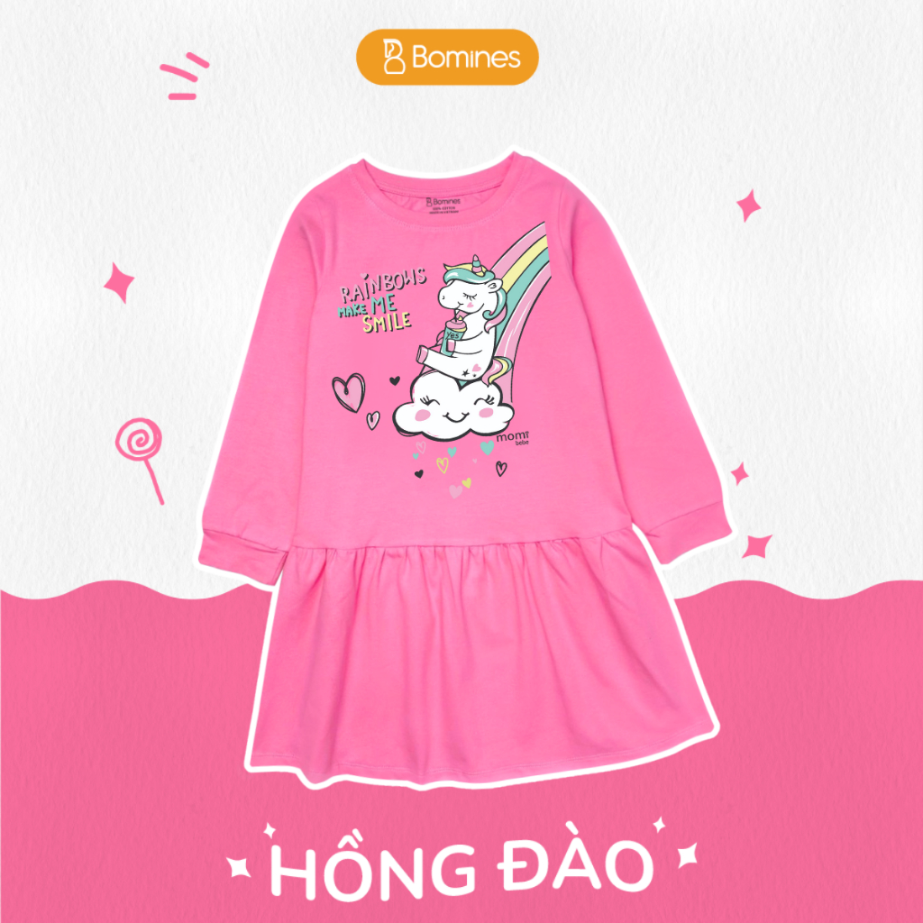 Váy bé gái mùa thu tay dài Kỳ Lân Unicorn Bomines, đầm thun cotton cho bé từ 3- 12 tuổi 12- 36kg DTDUNICORNCAUVONG