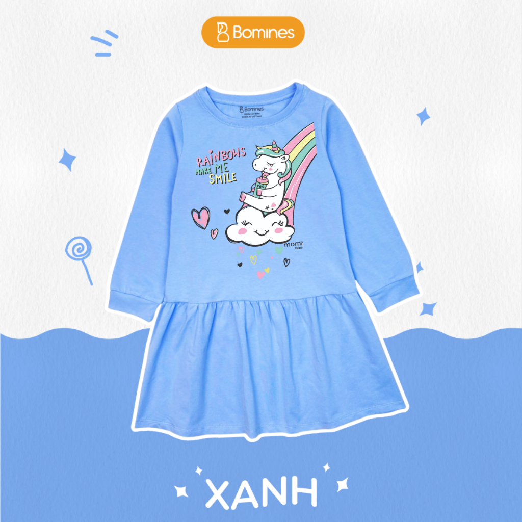 Váy bé gái mùa thu tay dài Kỳ Lân Unicorn Bomines, đầm thun cotton cho bé từ 3- 12 tuổi 12- 36kg DTDUNICORNCAUVONG