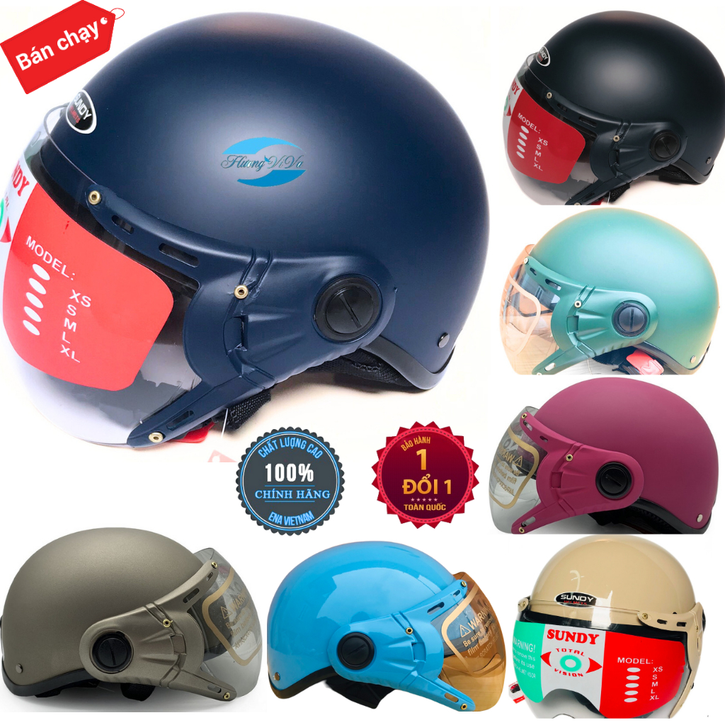 Mũ bảo hiểm nửa đầu Sundy chính hãng, nón bảo hiểm 1/2 đầu có kính, mũ thời trang nam nữ- Huongviva