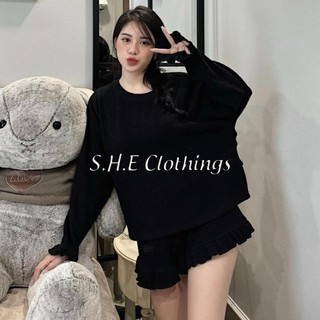 Set Bộ Đồ Len Tăm Nữ Áo Dài Tay Cổ Tròn Viền Bèo Gấu Mix Quần Sooc Đùi Freesize S1082