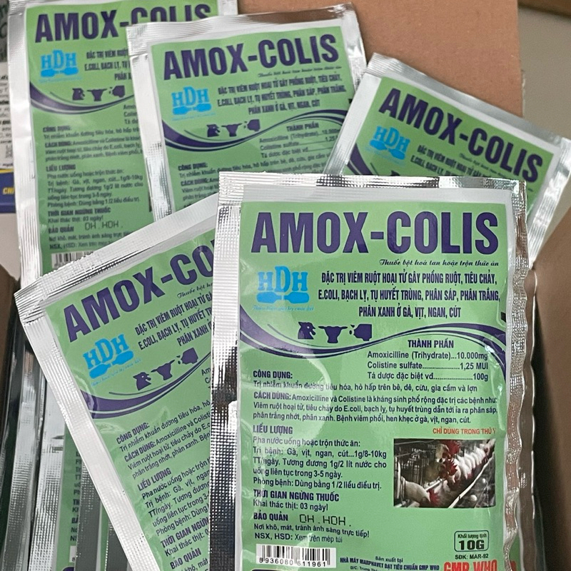 AMOX COLIS gói 10g nhỏ tiện dụng cho gà trại nhỏ, ít gà dùng. tiêu chảy, viêm ruột, tụ huyết trùng