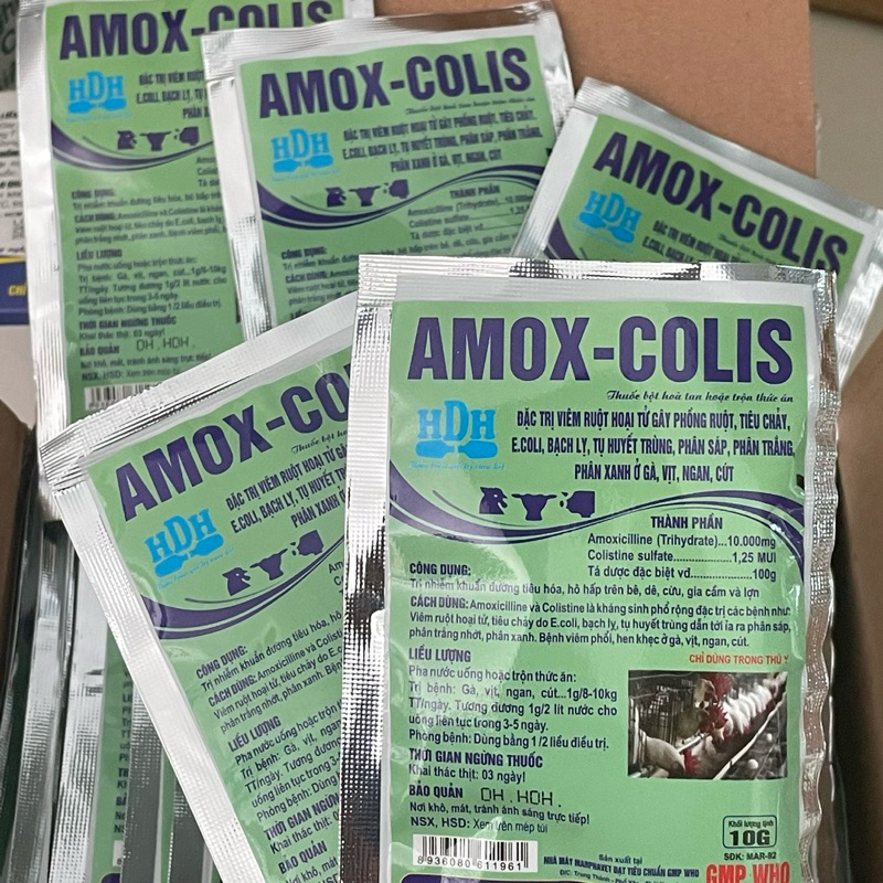 AMOX COLIS gói 10g nhỏ tiện dụng cho gà trại nhỏ, ít gà dùng. tiêu chảy, viêm ruột, tụ huyết trùng