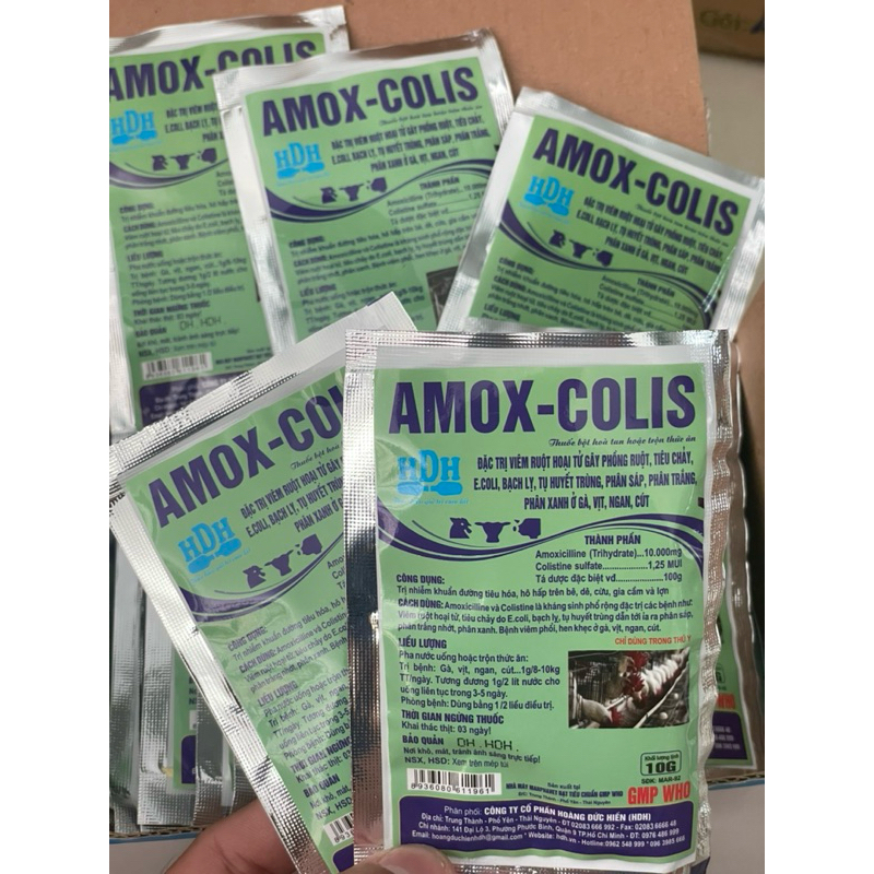 AMOX COLIS gói 10g nhỏ tiện dụng cho gà trại nhỏ, ít gà dùng. tiêu chảy, viêm ruột, tụ huyết trùng