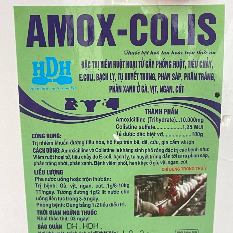 AMOX COLIS gói 10g nhỏ tiện dụng cho gà trại nhỏ, ít gà dùng. tiêu chảy, viêm ruột, tụ huyết trùng