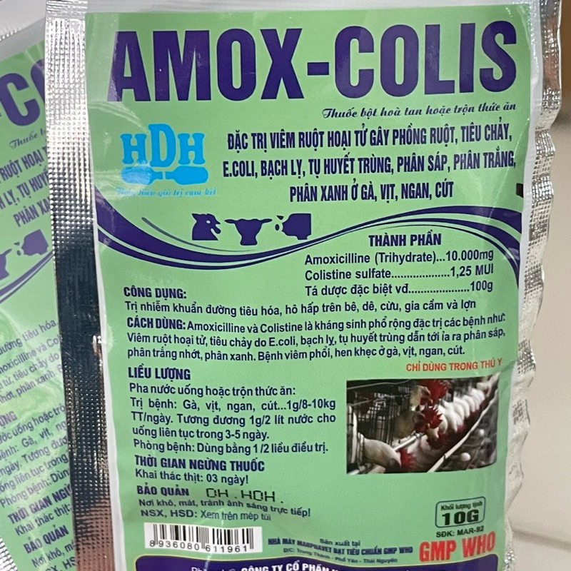 AMOX COLIS gói 10g nhỏ tiện dụng cho gà trại nhỏ, ít gà dùng. tiêu chảy, viêm ruột, tụ huyết trùng