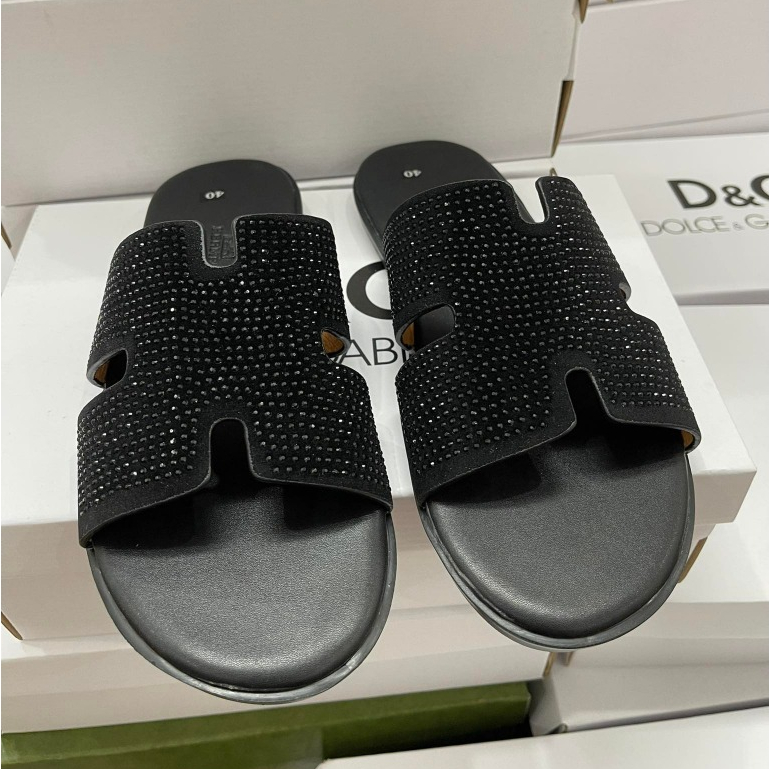 Dép lê nam quai ngang HM quai chữ H da phủ nhung đính đá đen đế cao su non sơn vàng rẻ đẹp