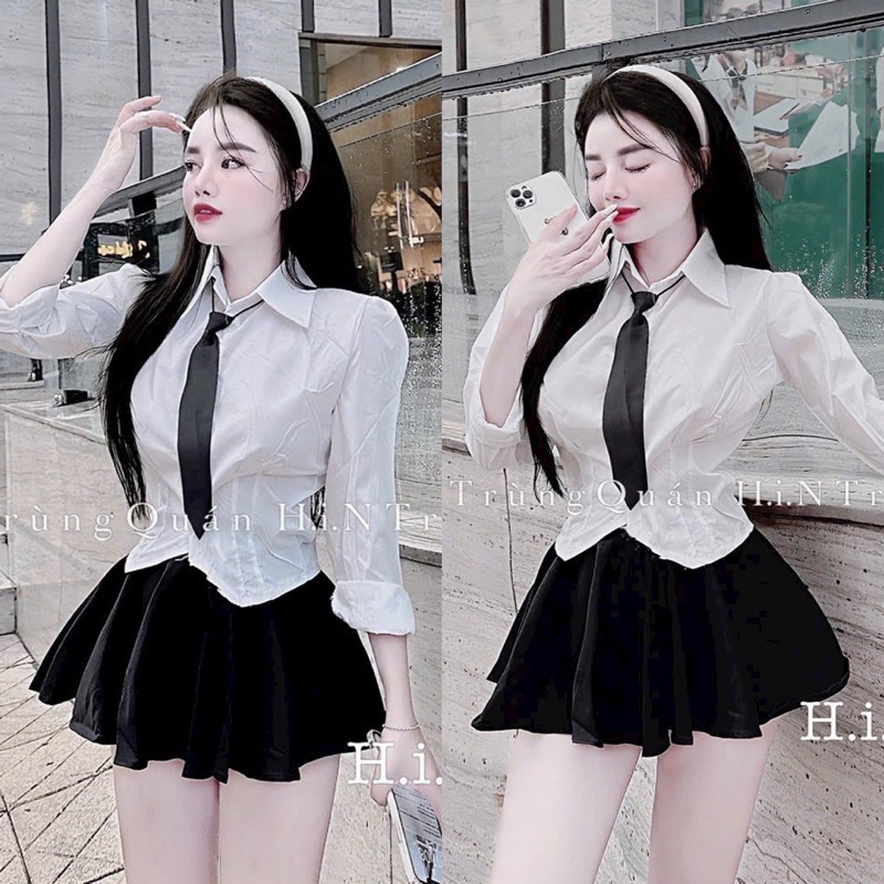 Set 3 Món Áo SM + Chân Váy Xếp Ly + Cavat học sinh Ngoannnn PIGGYHOUSE