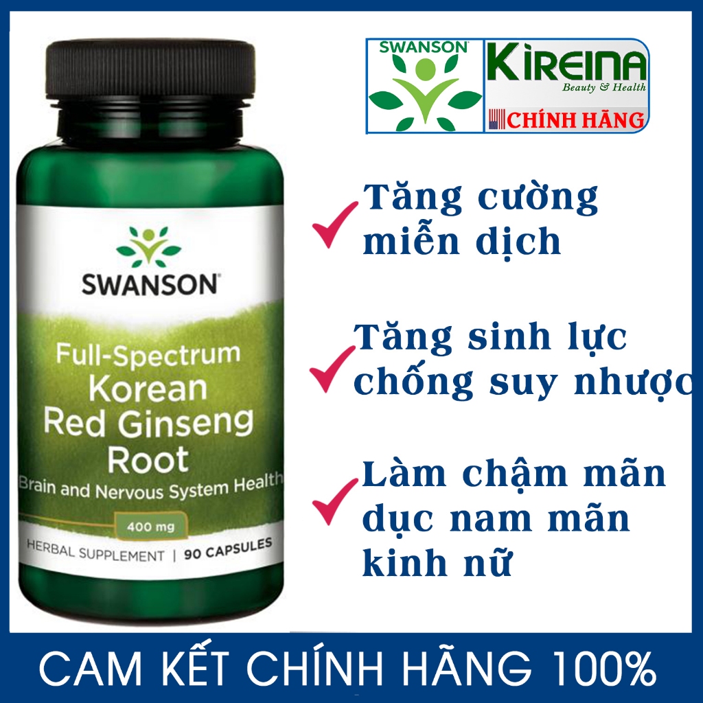 Nhân sâm triều tiên Swanson Korean Red Ginseng tăng cường miễn dịch sức khoẻ não 400 mg 90 viên