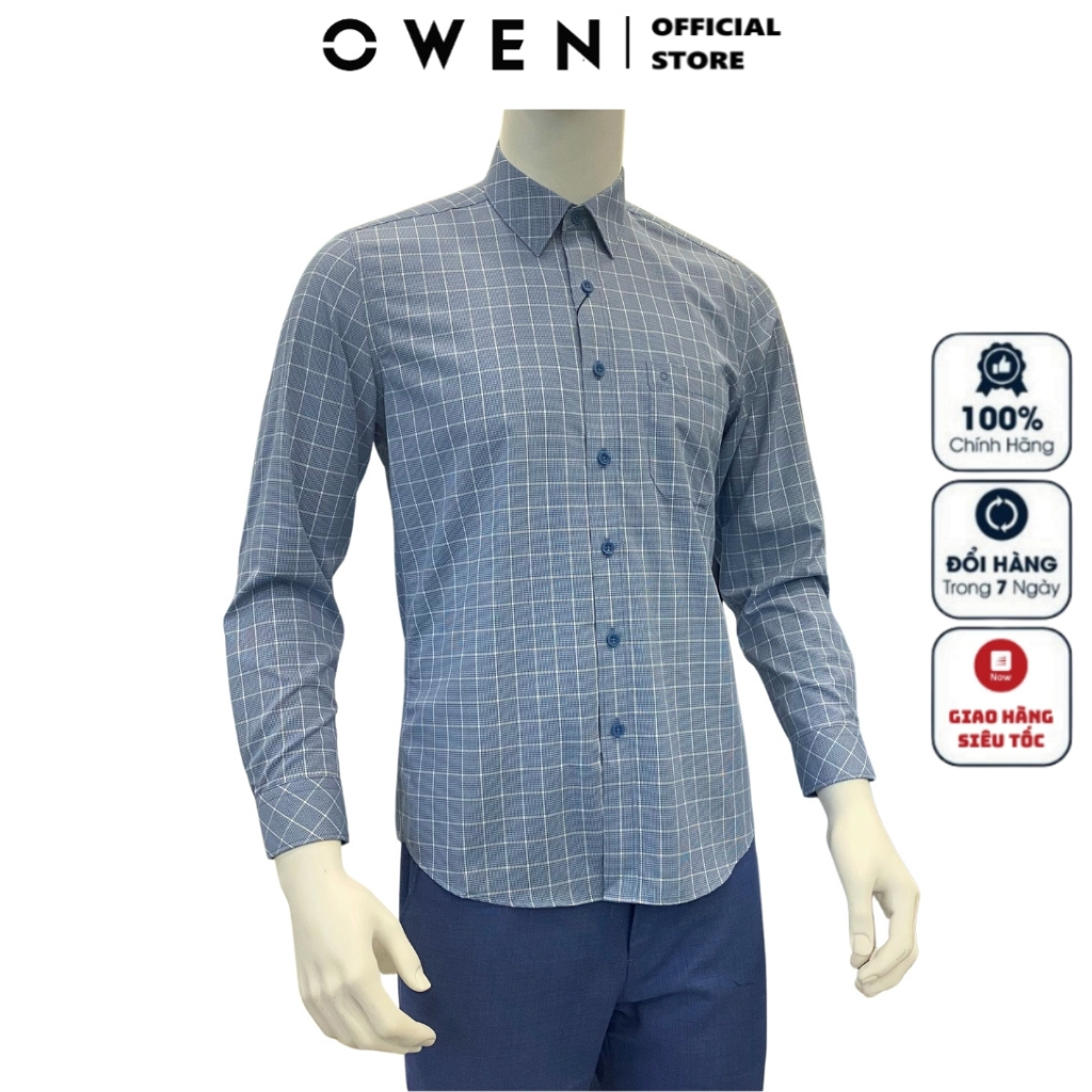 Áo sơ mi dài tay nam OWEN AR230746DT công sở chất sợi tre cao cấp màu kẻ caro xanh đậm regular fit tà lượn không túi