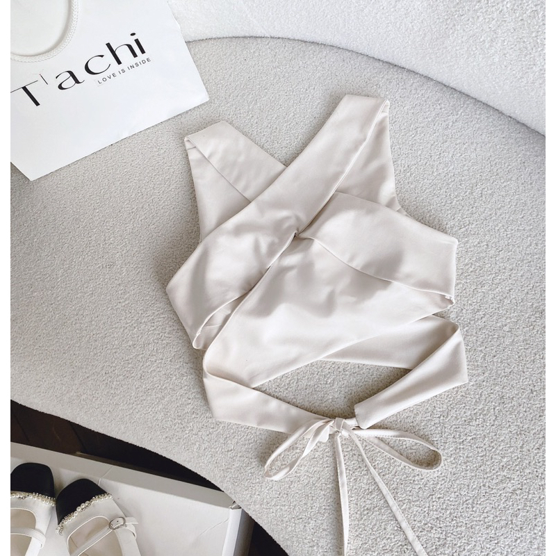 Florence- Set áo croptop cổ V chéo dây lưng và chân váy chữ A