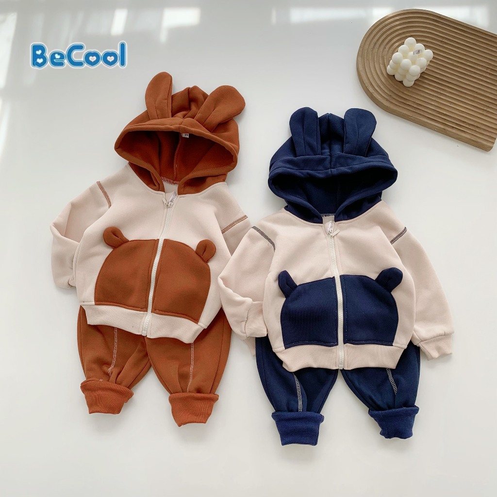 Bộ Nỉ Tai Gấu BECOOL, Bộ Nỉ Thu Đông Áo Có Khóa Cho Bé Từ 8 - 27kg