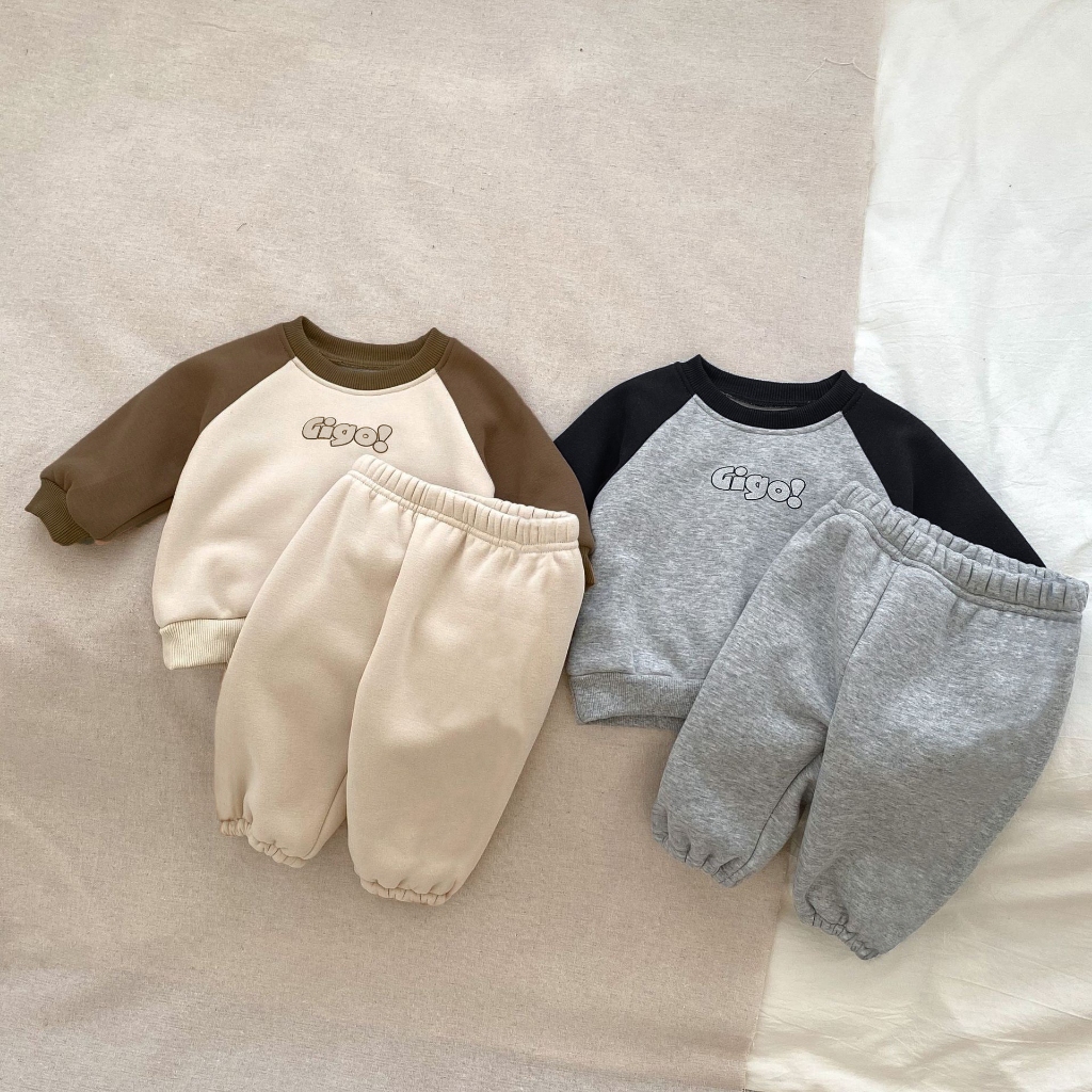 TE457- Bộ áo +quần cho bé trai bé gái Hokiha Kids chất nỉ ép dày dặn, mềm mại in chữ GIGO phối màu năng động size 8-16kg