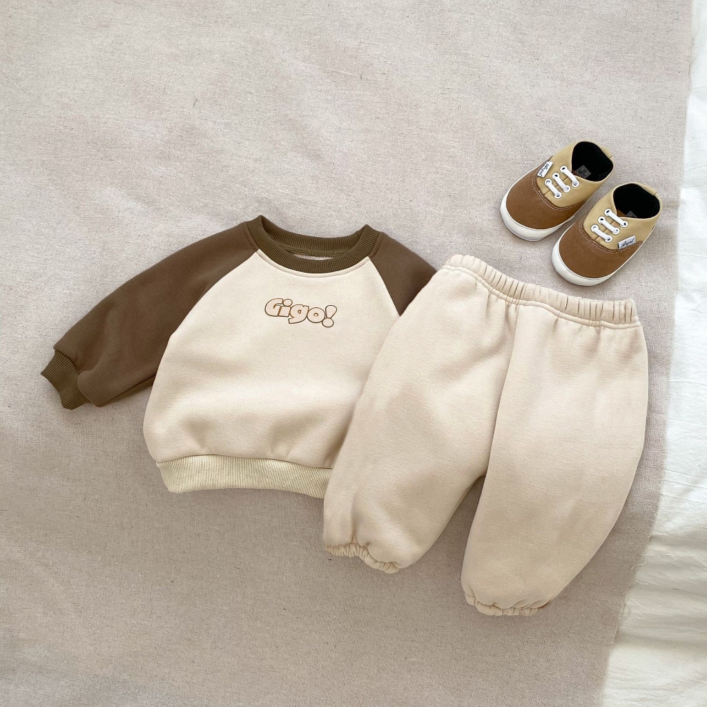 TE457- Bộ áo +quần cho bé trai bé gái Hokiha Kids chất nỉ ép dày dặn, mềm mại in chữ GIGO phối màu năng động size 8-16kg