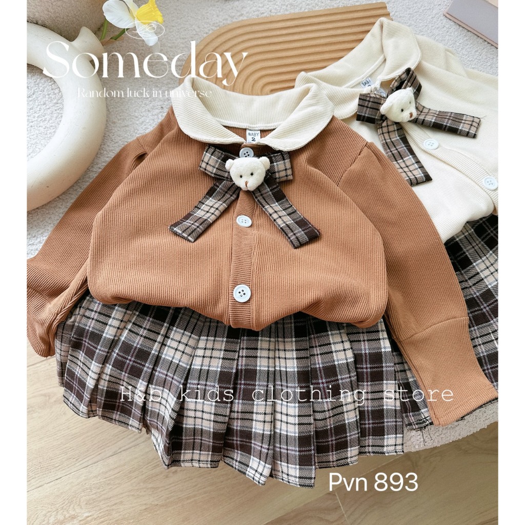 Set áo nơ - chân váy 3 chi tiết cho bé gái 10-30kg mùa thu đông